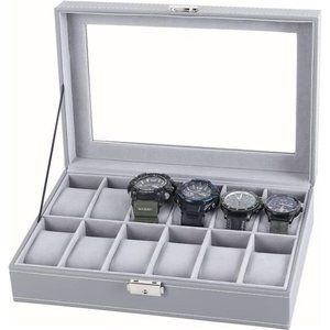 Watch Box, 12-Slot Leather Watch Case Organizer Watch Holder for Men, Glass Top